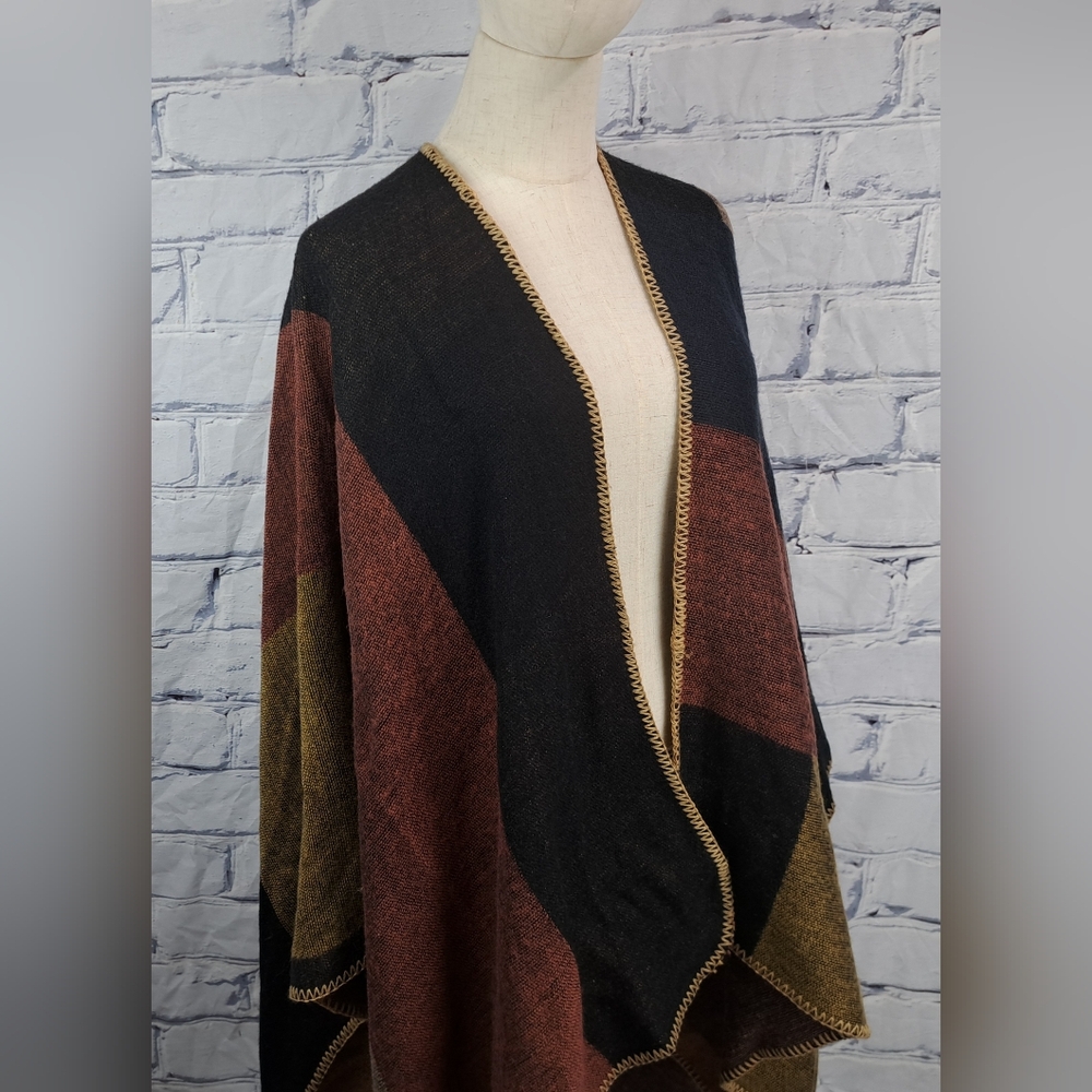 Danier Womens Cape Poncho Boho Wrap Blanket Shawl Open Front Colorblock One Size - Picture 11 of 13